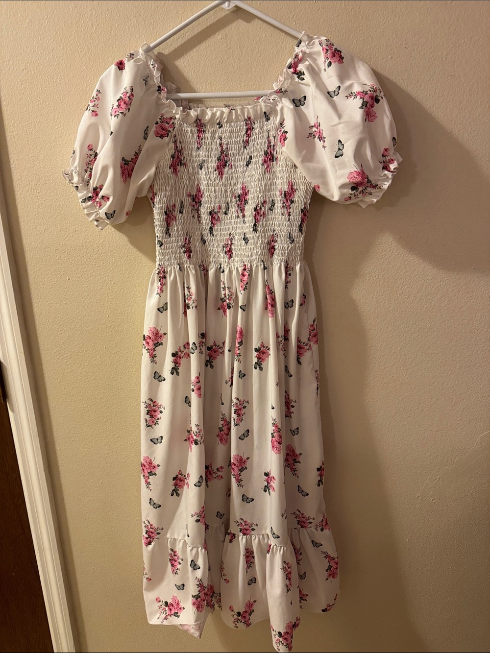 SHEIN White Puff-Sleeve Smocked Dress with Pink Floral Print